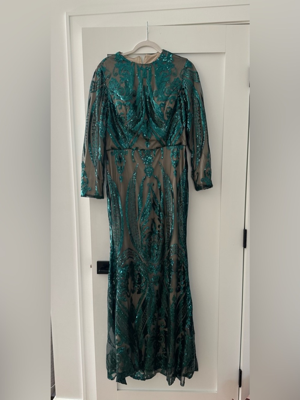 Sequin Long Sleeve Emerald Dress with Over Skirt 12-14